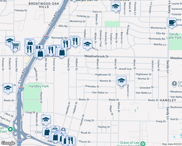 map of restaurants, bars, coffee shops, grocery stores, and more near 6825 Hightower Street in Fort Worth