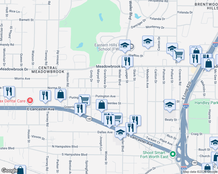 map of restaurants, bars, coffee shops, grocery stores, and more near 5509 Norma Street in Fort Worth