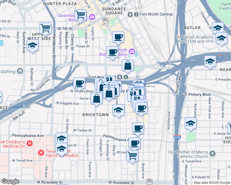 map of restaurants, bars, coffee shops, grocery stores, and more near 120 Saint Louis Avenue in Fort Worth