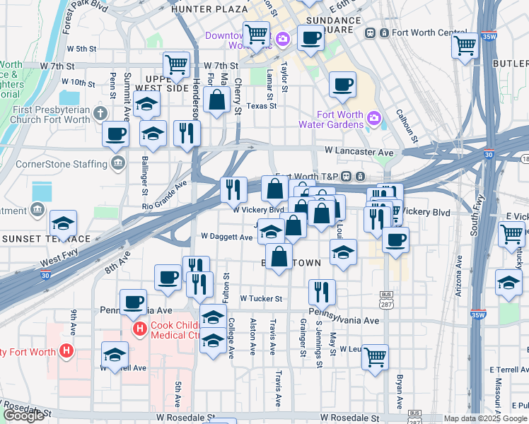 map of restaurants, bars, coffee shops, grocery stores, and more near 809 West Vickery Boulevard in Fort Worth