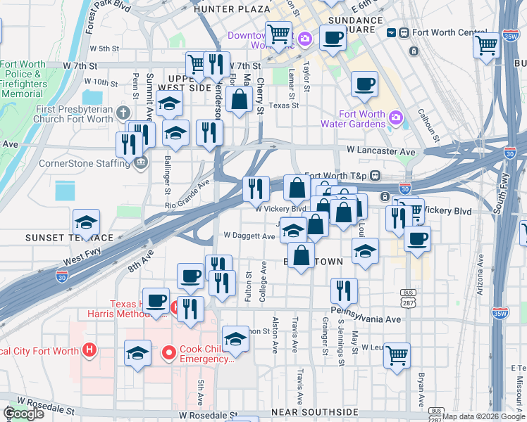 map of restaurants, bars, coffee shops, grocery stores, and more near 941 West Vickery Boulevard in Fort Worth