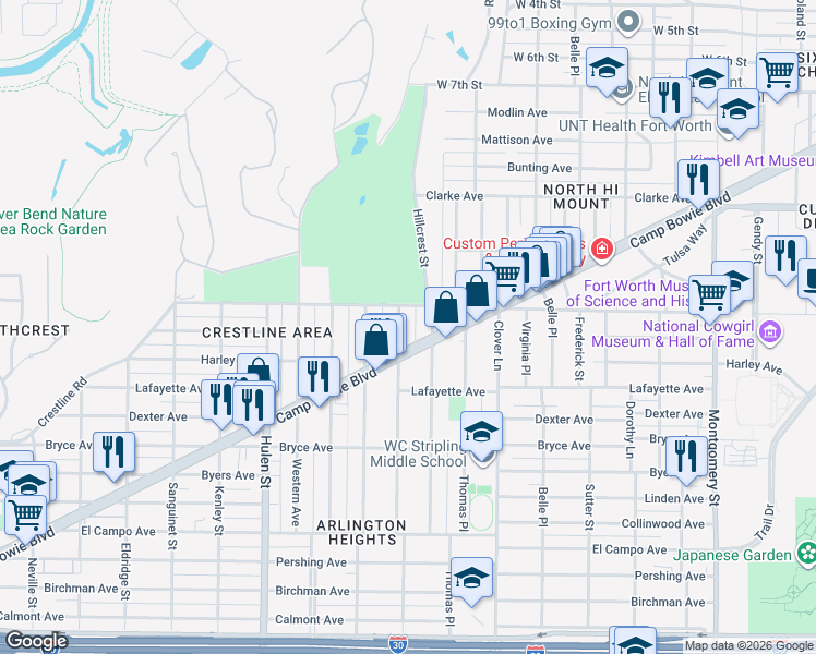 map of restaurants, bars, coffee shops, grocery stores, and more near 1608 Hillcrest Street in Fort Worth