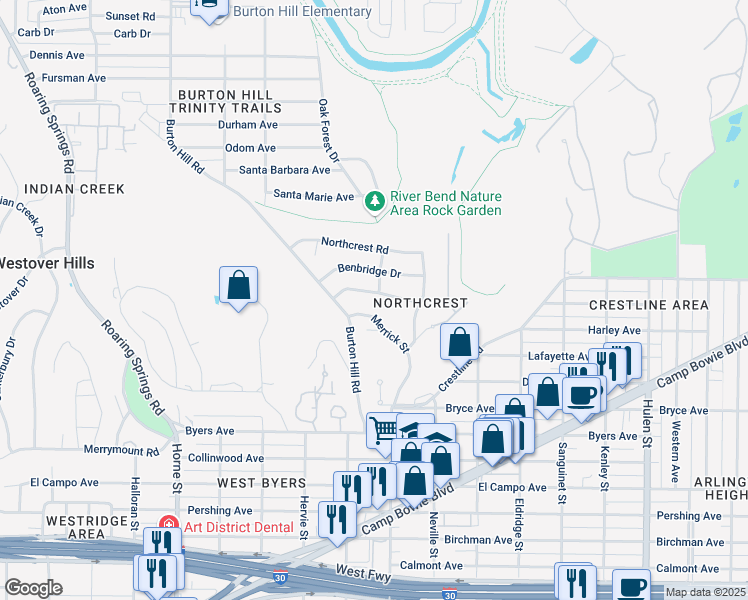 map of restaurants, bars, coffee shops, grocery stores, and more near 5401 El Dorado Drive in Fort Worth