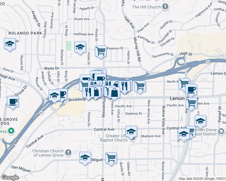 map of restaurants, bars, coffee shops, grocery stores, and more near 3495 Vista Avenue in Lemon Grove