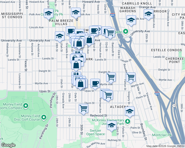 map of restaurants, bars, coffee shops, grocery stores, and more near 3586 31st Street in San Diego