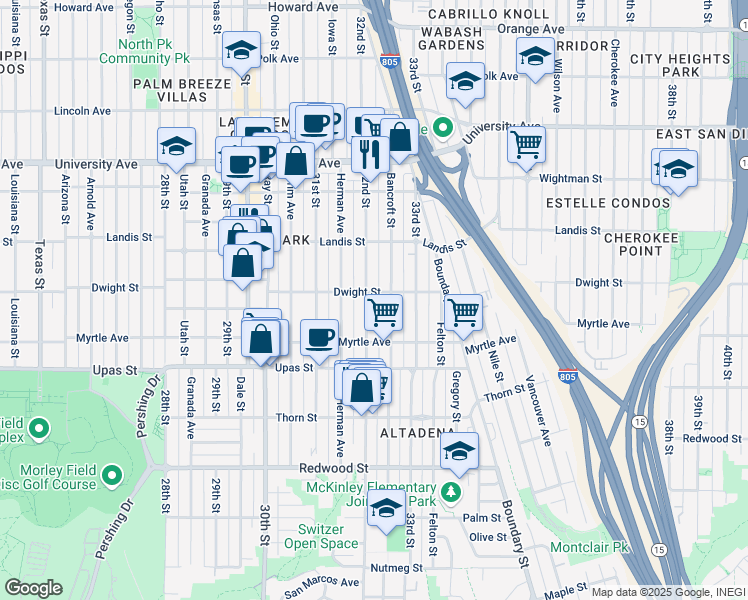 map of restaurants, bars, coffee shops, grocery stores, and more near 3583 32nd Street in San Diego