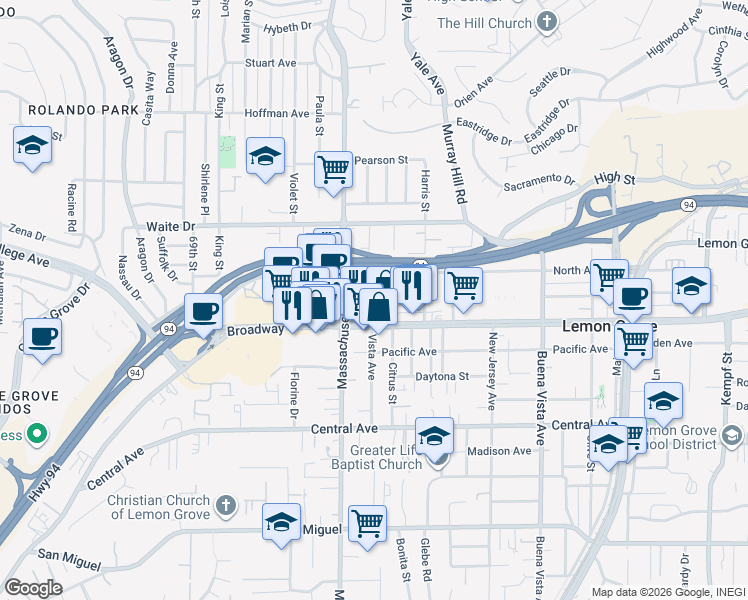 map of restaurants, bars, coffee shops, grocery stores, and more near 3495 Vista Avenue in Lemon Grove