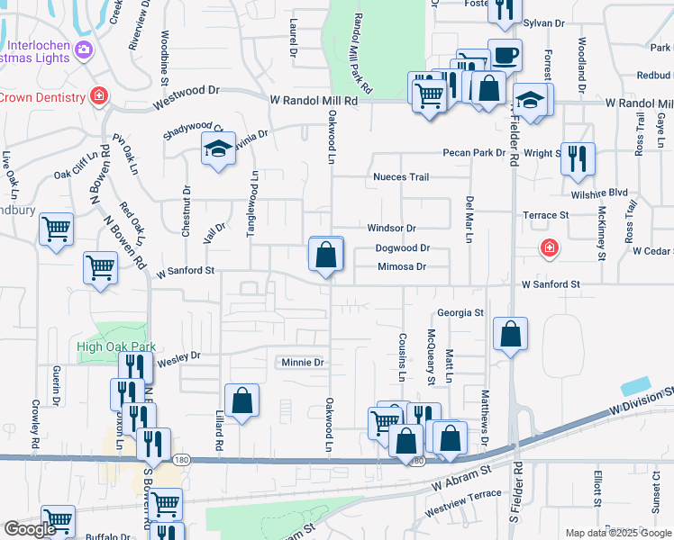map of restaurants, bars, coffee shops, grocery stores, and more near 707 Oakwood Lane in Arlington