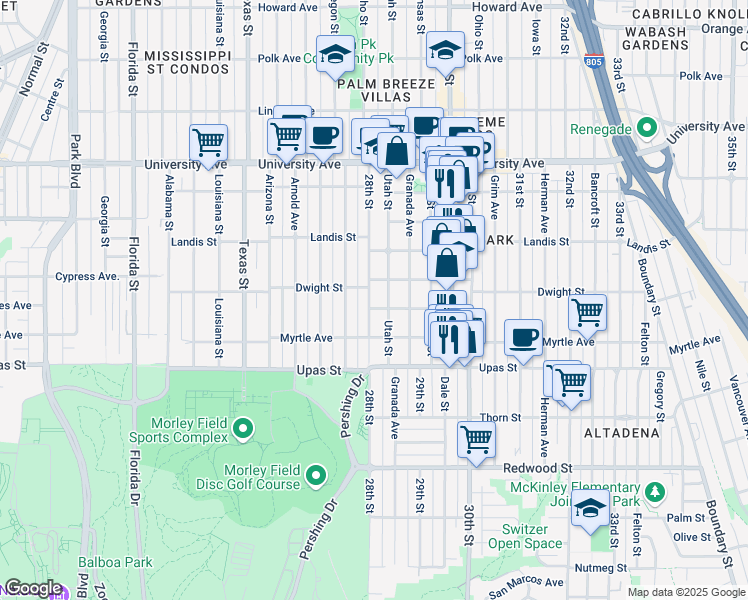 map of restaurants, bars, coffee shops, grocery stores, and more near 3563 28th Street in San Diego