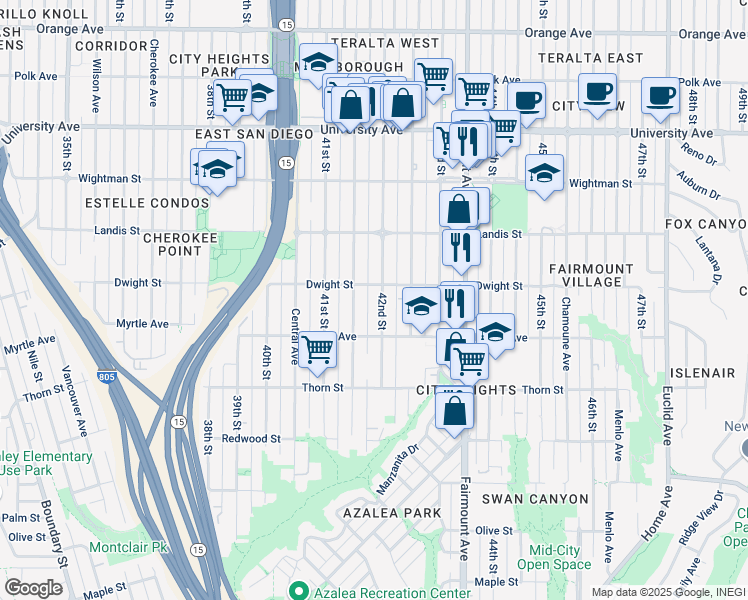 map of restaurants, bars, coffee shops, grocery stores, and more near 3570 42nd Street in San Diego