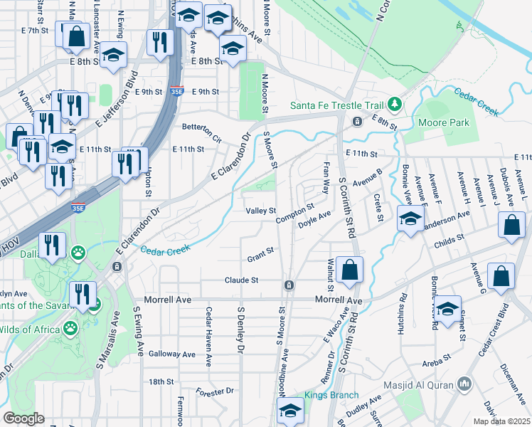 map of restaurants, bars, coffee shops, grocery stores, and more near 1338 Valley Street in Dallas