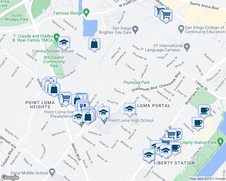 map of restaurants, bars, coffee shops, grocery stores, and more near 3655 Curtis Street in San Diego