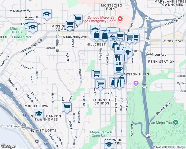 map of restaurants, bars, coffee shops, grocery stores, and more near 3606 Front Street in San Diego