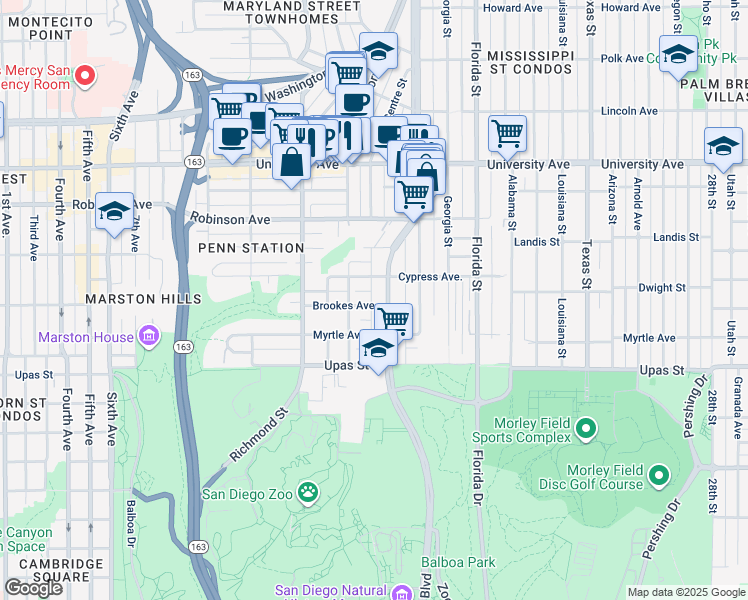 map of restaurants, bars, coffee shops, grocery stores, and more near 1646 Brookes Avenue in San Diego