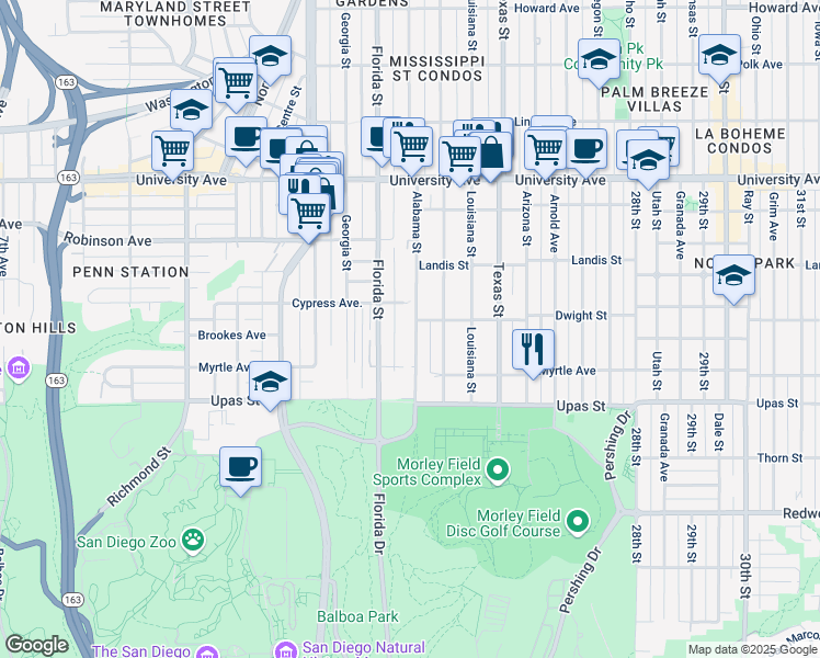 map of restaurants, bars, coffee shops, grocery stores, and more near 3606 Alabama Street in San Diego