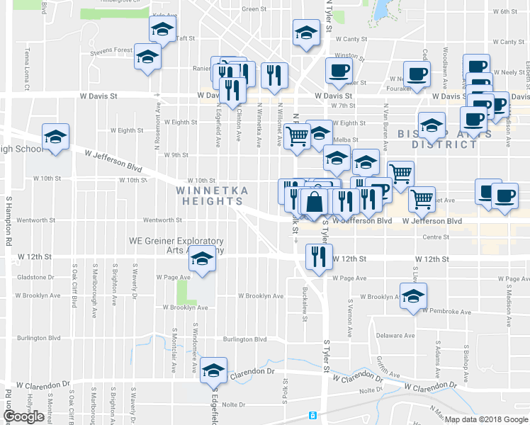 map of restaurants, bars, coffee shops, grocery stores, and more near 1121 W Jefferson Blvd in Dallas