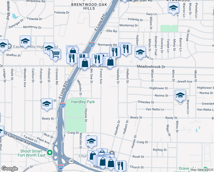 map of restaurants, bars, coffee shops, grocery stores, and more near 6500 Oak Forest Court in Fort Worth