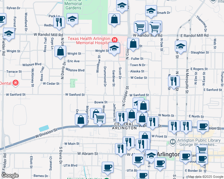 map of restaurants, bars, coffee shops, grocery stores, and more near 706 Gardiner Street in Arlington