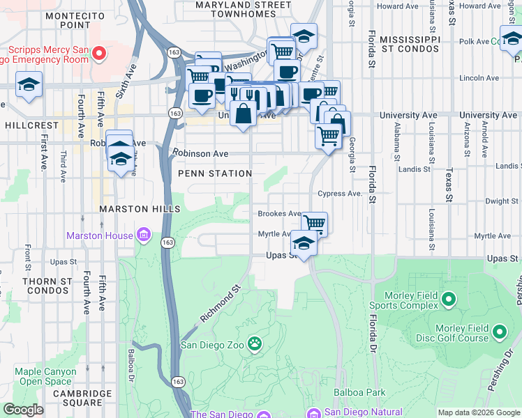map of restaurants, bars, coffee shops, grocery stores, and more near 1424 Brookes Avenue in San Diego