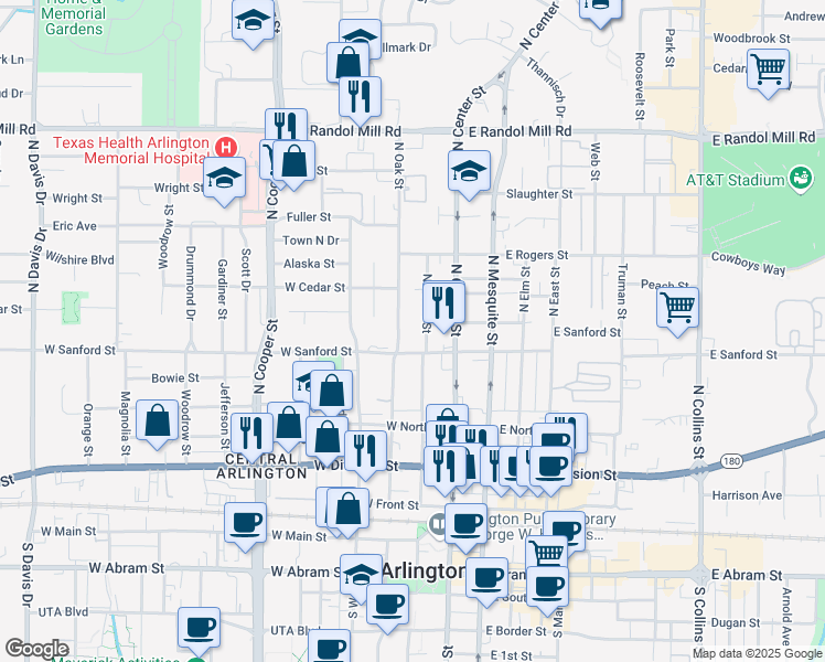map of restaurants, bars, coffee shops, grocery stores, and more near 509 North Oak Street in Arlington