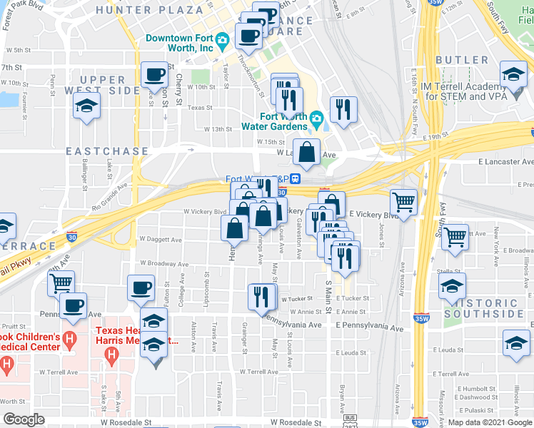 map of restaurants, bars, coffee shops, grocery stores, and more near 120 Saint Louis Avenue in Fort Worth