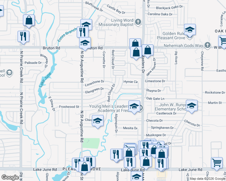 map of restaurants, bars, coffee shops, grocery stores, and more near 1830 Red Cloud Drive in Dallas