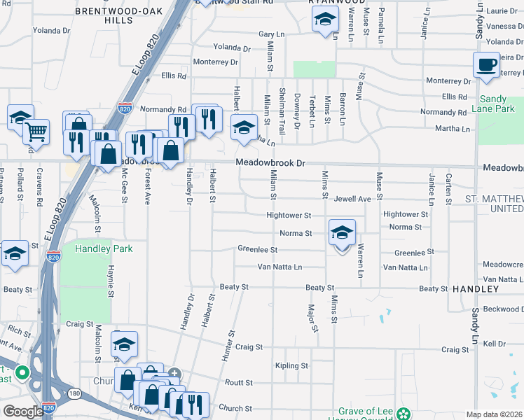 map of restaurants, bars, coffee shops, grocery stores, and more near 6825 Hightower St in Fort Worth