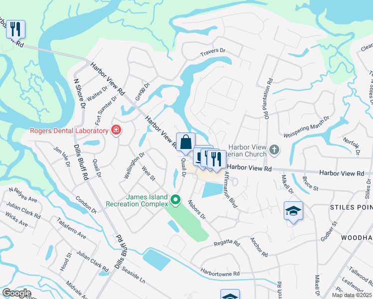 map of restaurants, bars, coffee shops, grocery stores, and more near 1026 Harbor View Rd in Charleston