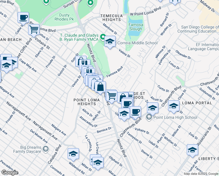 map of restaurants, bars, coffee shops, grocery stores, and more near 2258 Caminito Pescado in San Diego