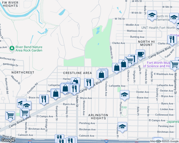 map of restaurants, bars, coffee shops, grocery stores, and more near 1616 Carleton Avenue in Fort Worth