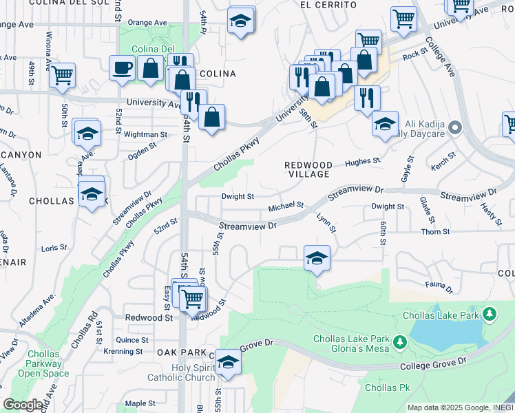 map of restaurants, bars, coffee shops, grocery stores, and more near 5584 Michael Street in San Diego