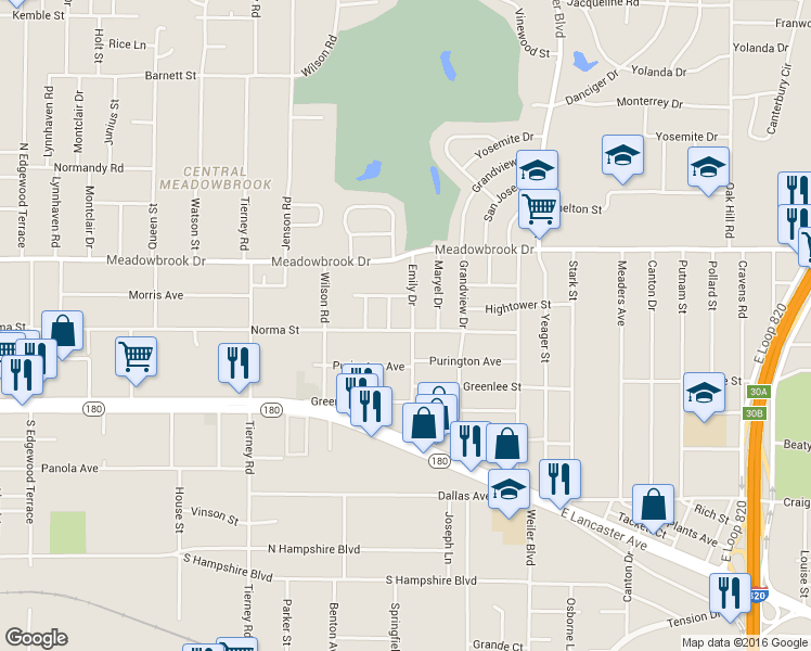 map of restaurants, bars, coffee shops, grocery stores, and more near 2420 Emily Drive in Fort Worth