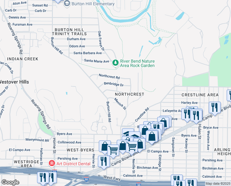 map of restaurants, bars, coffee shops, grocery stores, and more near 5401 El Dorado Drive in Fort Worth