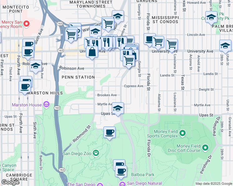 map of restaurants, bars, coffee shops, grocery stores, and more near 1646 Brookes Avenue in San Diego