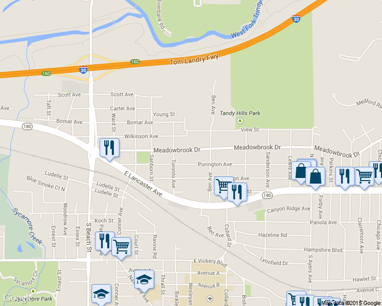 map of restaurants, bars, coffee shops, grocery stores, and more near 3104 Meadowbrook Drive in Fort Worth