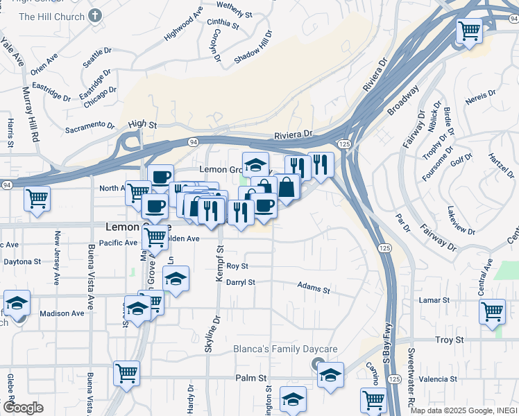 map of restaurants, bars, coffee shops, grocery stores, and more near 8074 Broadway in Lemon Grove