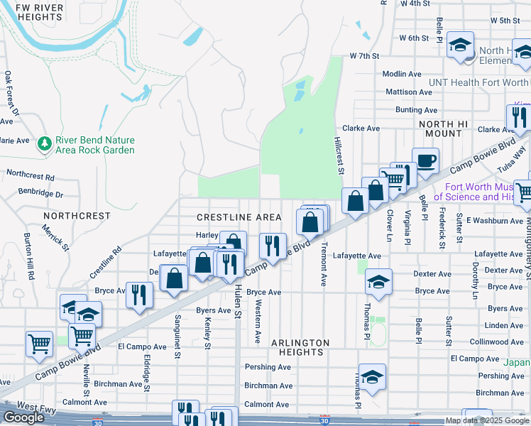 map of restaurants, bars, coffee shops, grocery stores, and more near 1617 Western Avenue in Fort Worth