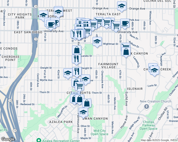 map of restaurants, bars, coffee shops, grocery stores, and more near 3576 Highland Avenue in San Diego