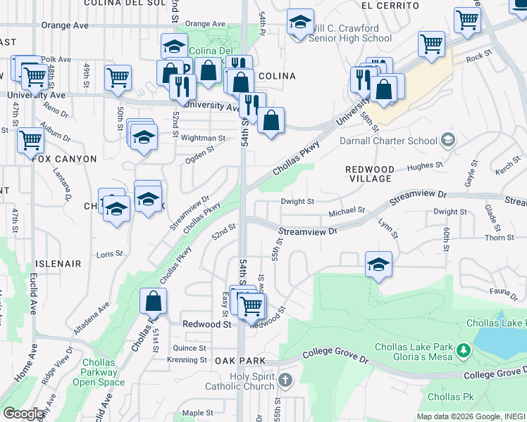 map of restaurants, bars, coffee shops, grocery stores, and more near 3416 Winlow Street in San Diego