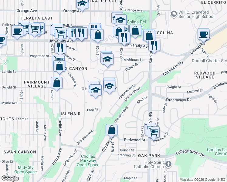 map of restaurants, bars, coffee shops, grocery stores, and more near 3566 51st Street in San Diego