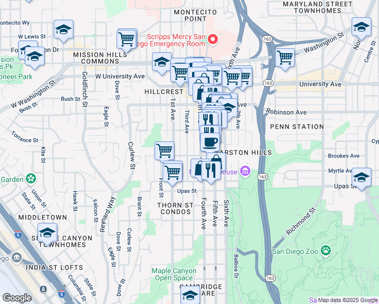 map of restaurants, bars, coffee shops, grocery stores, and more near in San Diego