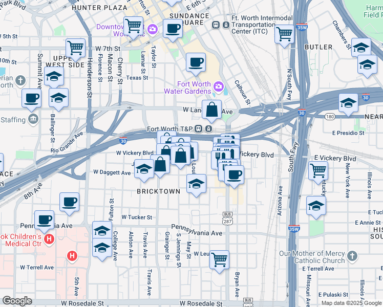 map of restaurants, bars, coffee shops, grocery stores, and more near 120 Saint Louis Avenue in Fort Worth