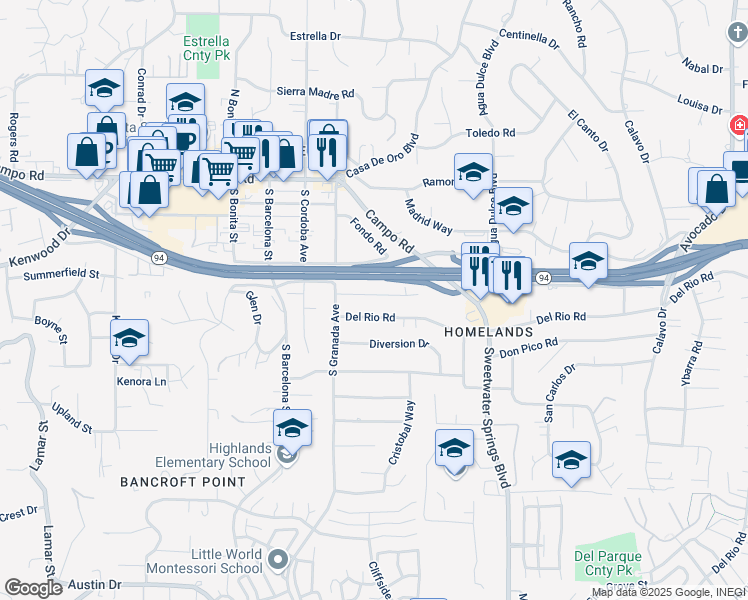 map of restaurants, bars, coffee shops, grocery stores, and more near 10043 Norte Mesa Drive in Spring Valley