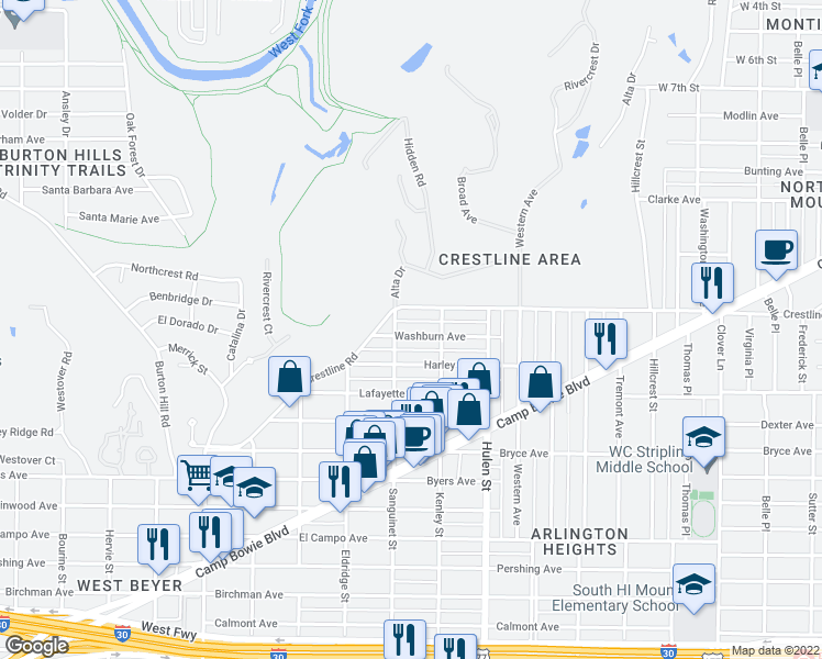 map of restaurants, bars, coffee shops, grocery stores, and more near 4724 Washburn Avenue in Fort Worth