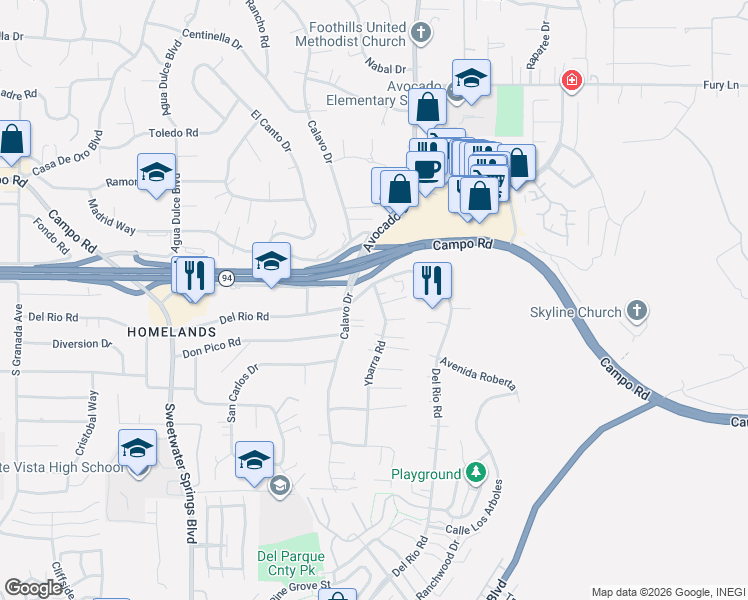 map of restaurants, bars, coffee shops, grocery stores, and more near 3560 Ybarra Road in Spring Valley