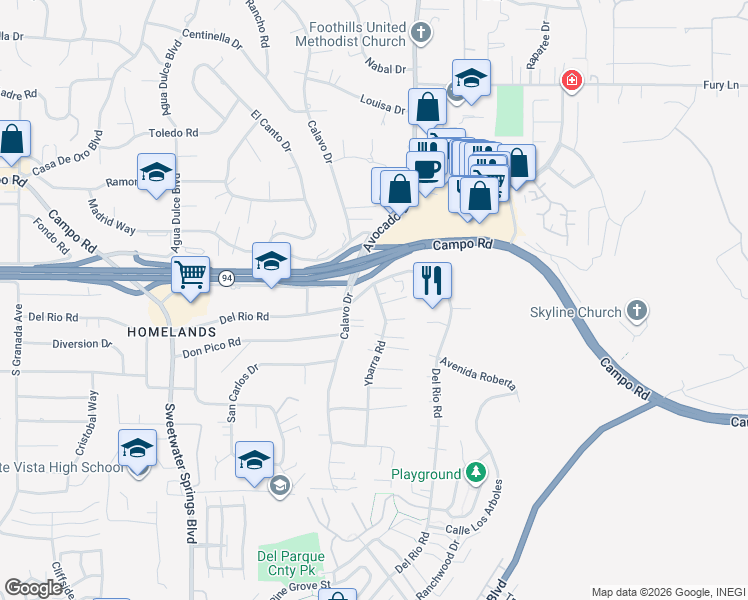 map of restaurants, bars, coffee shops, grocery stores, and more near 3560 Ybarra Road in Spring Valley