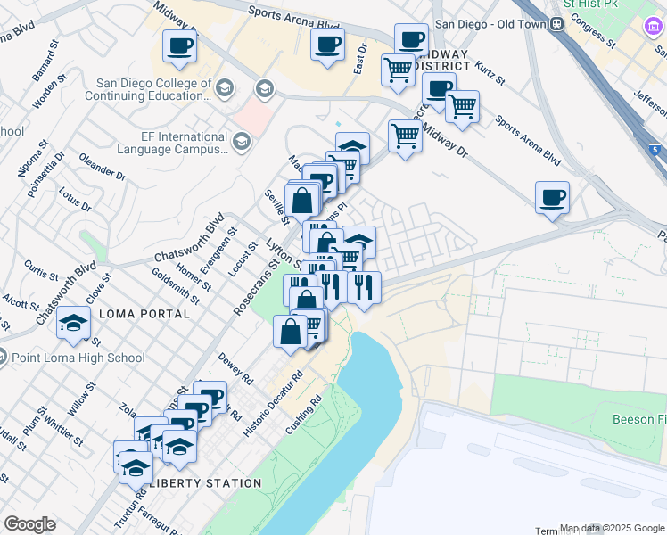 map of restaurants, bars, coffee shops, grocery stores, and more near 3031 Saint Charles Street in San Diego