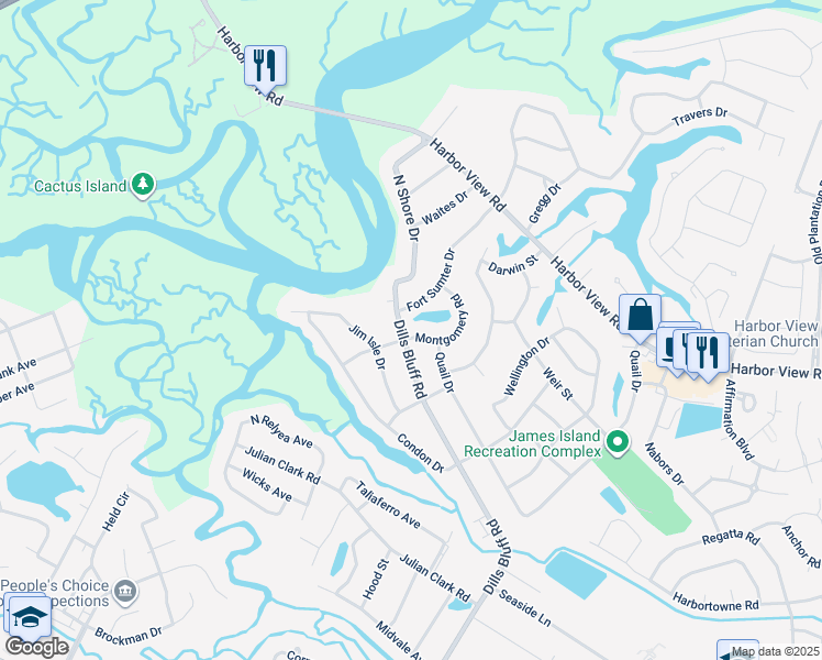 map of restaurants, bars, coffee shops, grocery stores, and more near 754 Dills Bluff Road in Charleston