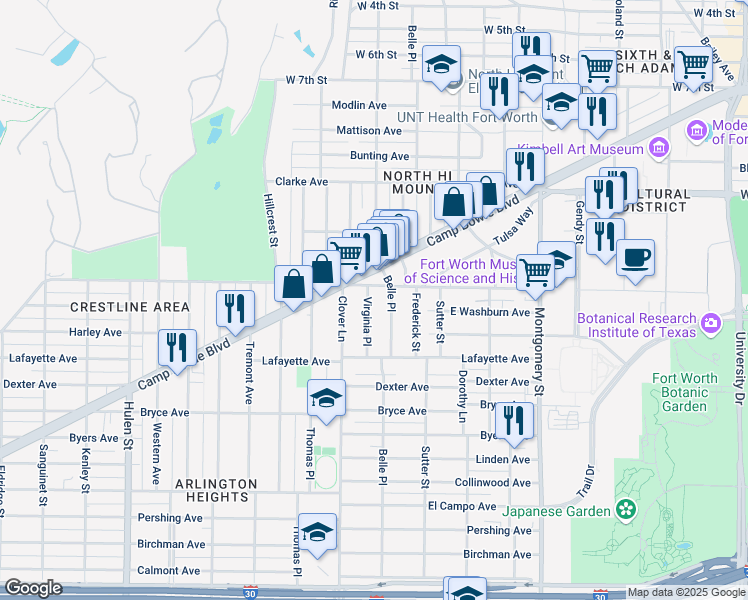 map of restaurants, bars, coffee shops, grocery stores, and more near 1613 Virginia Place in Fort Worth