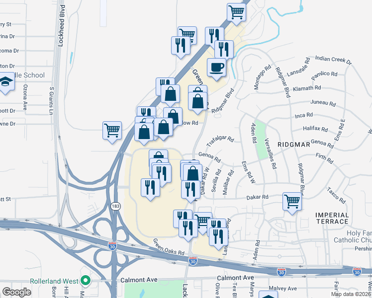 map of restaurants, bars, coffee shops, grocery stores, and more near 1500 Mall Circle in Fort Worth